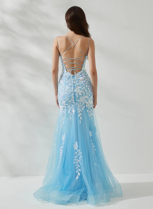 Elegant Mermaid Deep V Neck Spaghetti Crisscross Floor-Length Prom Dress Appliques Tulle Evening Gown