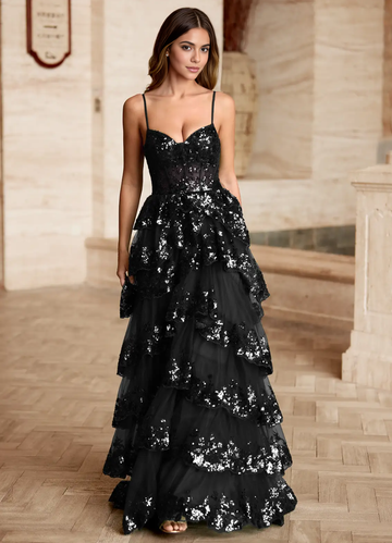 Black Statement A-Line Sweetheart Spaghetti Strap Sequin Tiered Ruffle Prom Gown