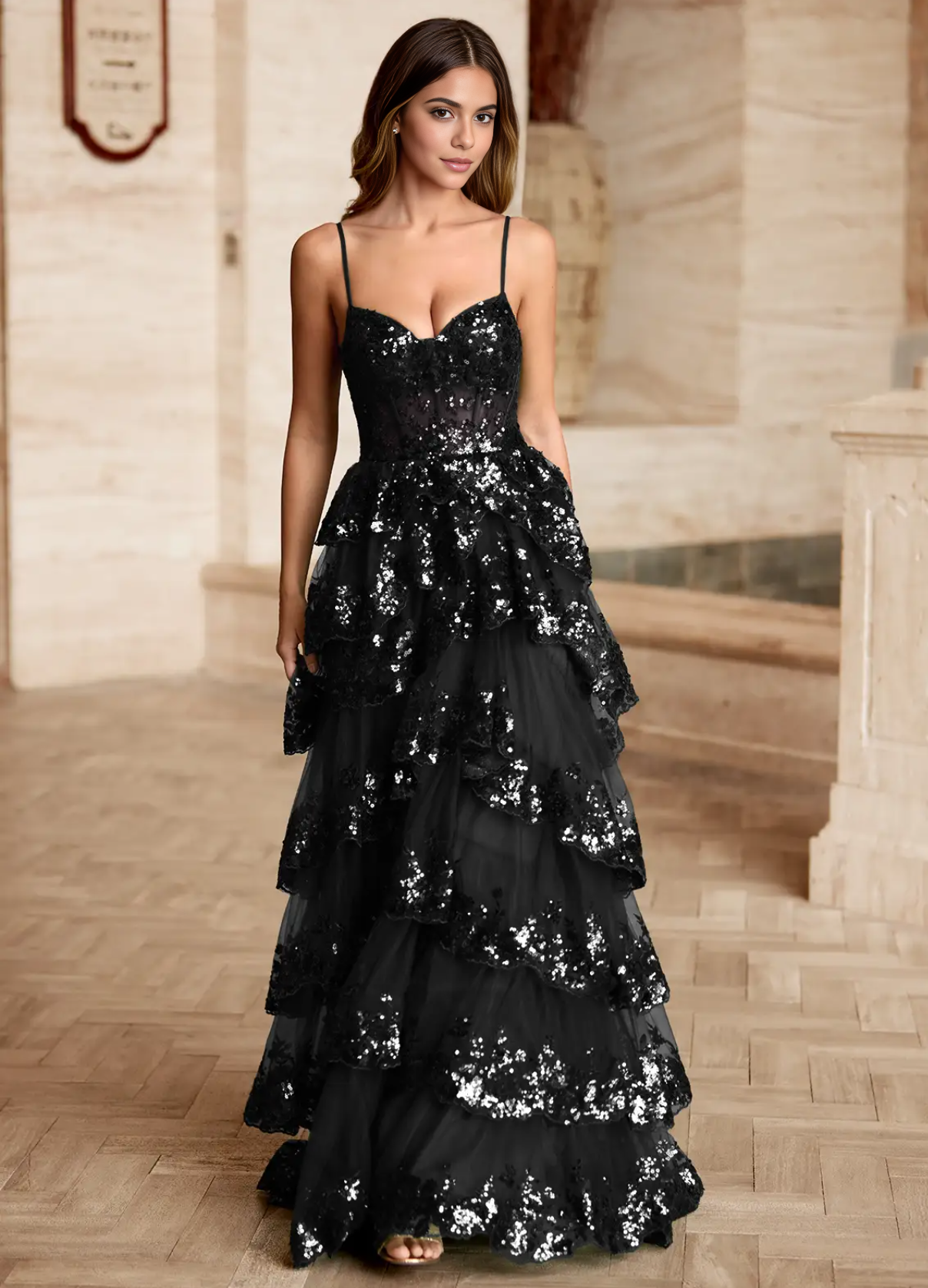 Black Statement A-Line Sweetheart Spaghetti Strap Sequin Tiered Ruffle Prom Gown
