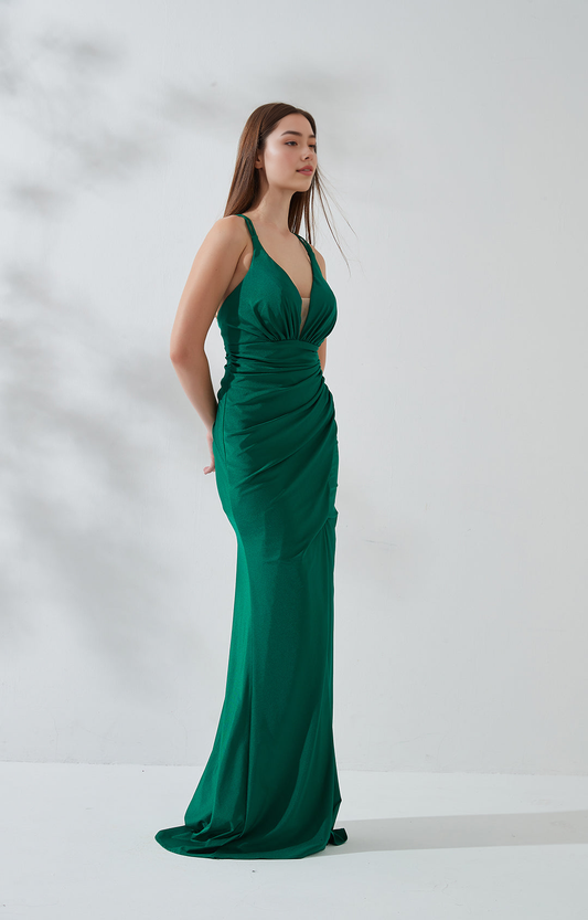 Mermaid Deep V-Neck Double Straps Crisscross Back Floor-Length Evening Gown