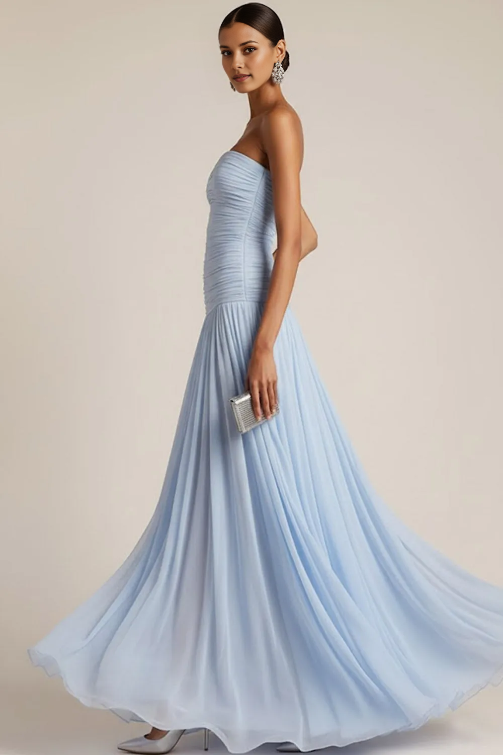 Strapless Ruched Bodice Chiffon A-Line Maxi Dress