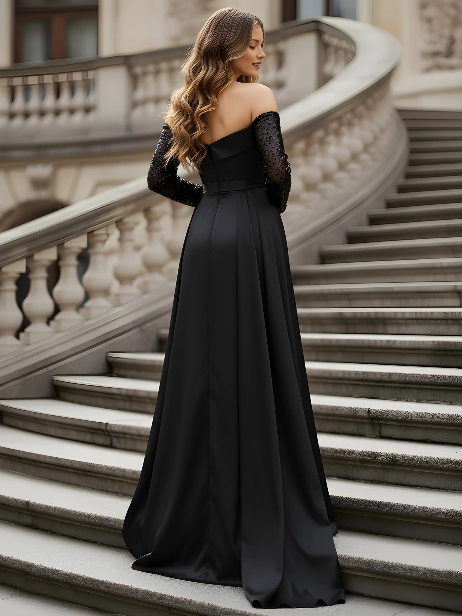 Back view of a woman in a long black satin formal dress with sequin sleeves and a subtle train, walking up a classic architectural staircase.