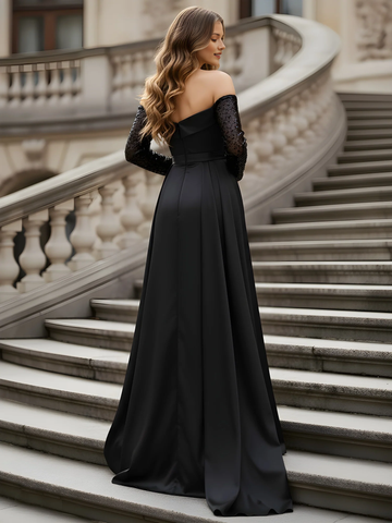 Vestido de noche de satén con mangas de lentejuelas al descubierto y abertura alta - Vestido formal negro para fiesta de graduación e invitada de boda