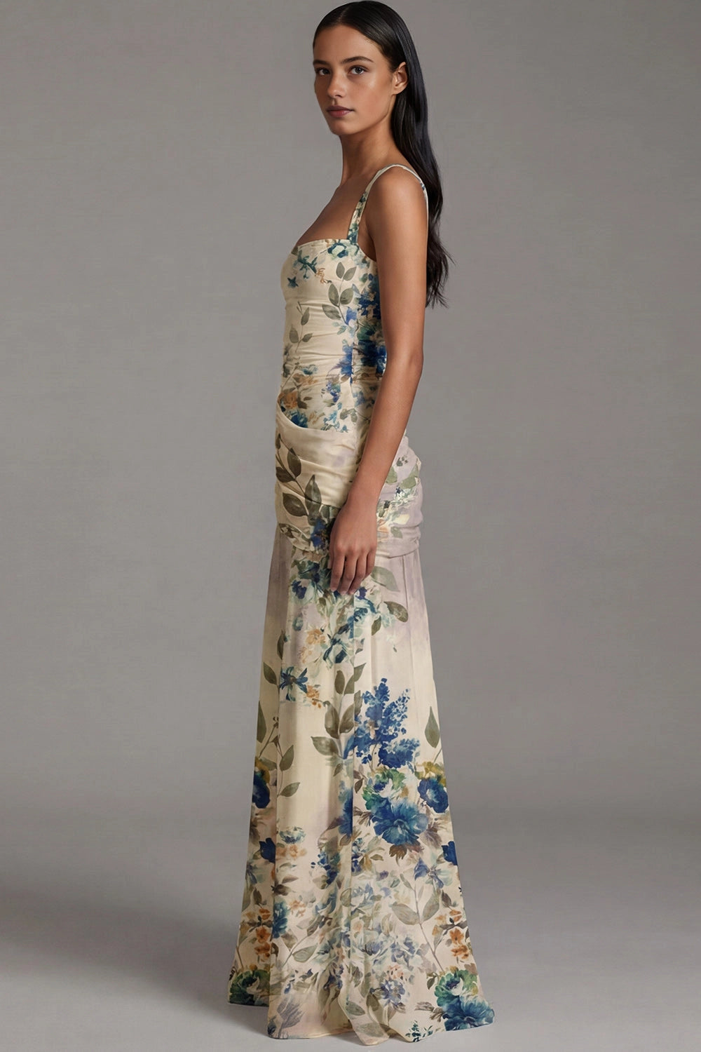 Vedress ruched chiffon zip back sleeveless boho bridesmaid long dress back view