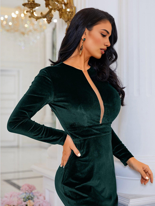 Women's Long Sleeve V-Neck Velvet Green Evening Dress Mermaid Party Wedding Guest Dresses