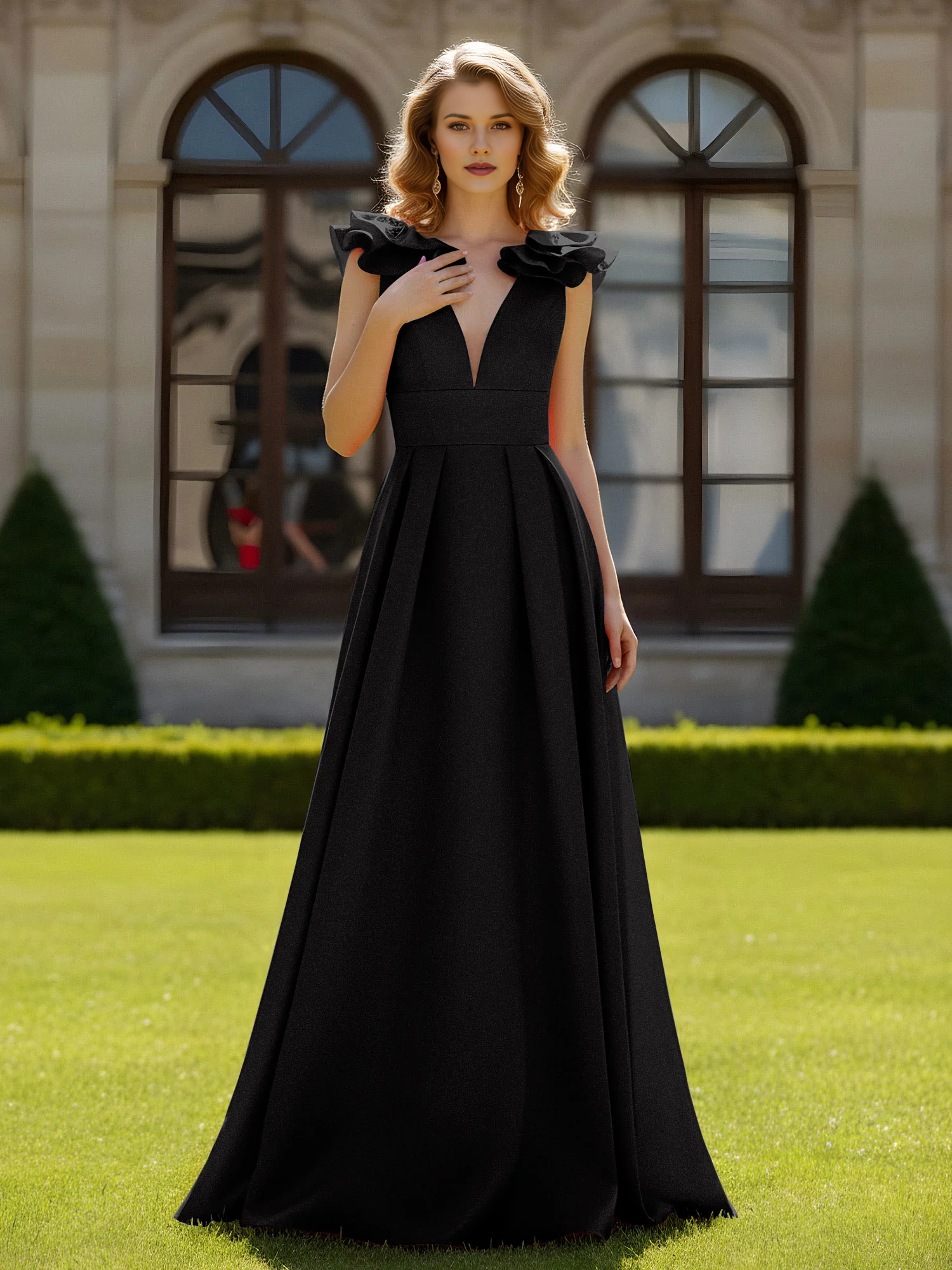 Deep V-Neck Ruffle Shoulder A-Line Floor-Length Formal Evening Gown