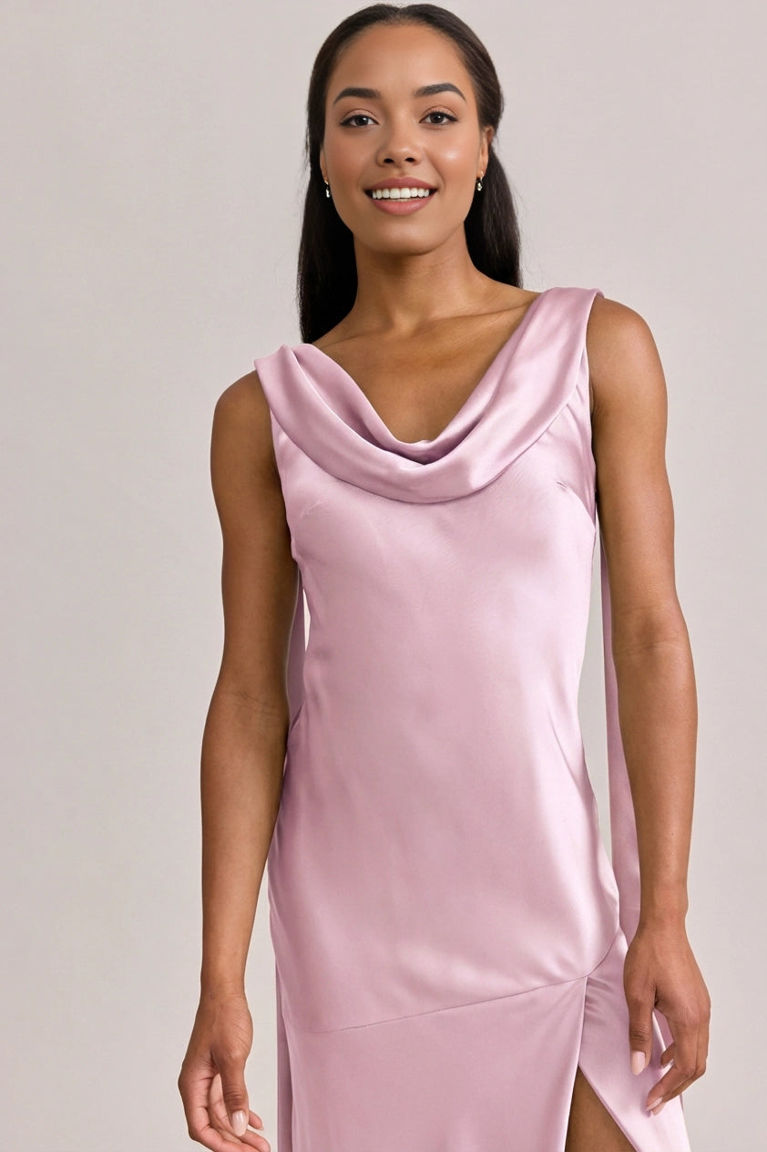 Soft Mermaid Cowl Neck Sleeveless Cowl Back Maxi Bridesmaid Dress