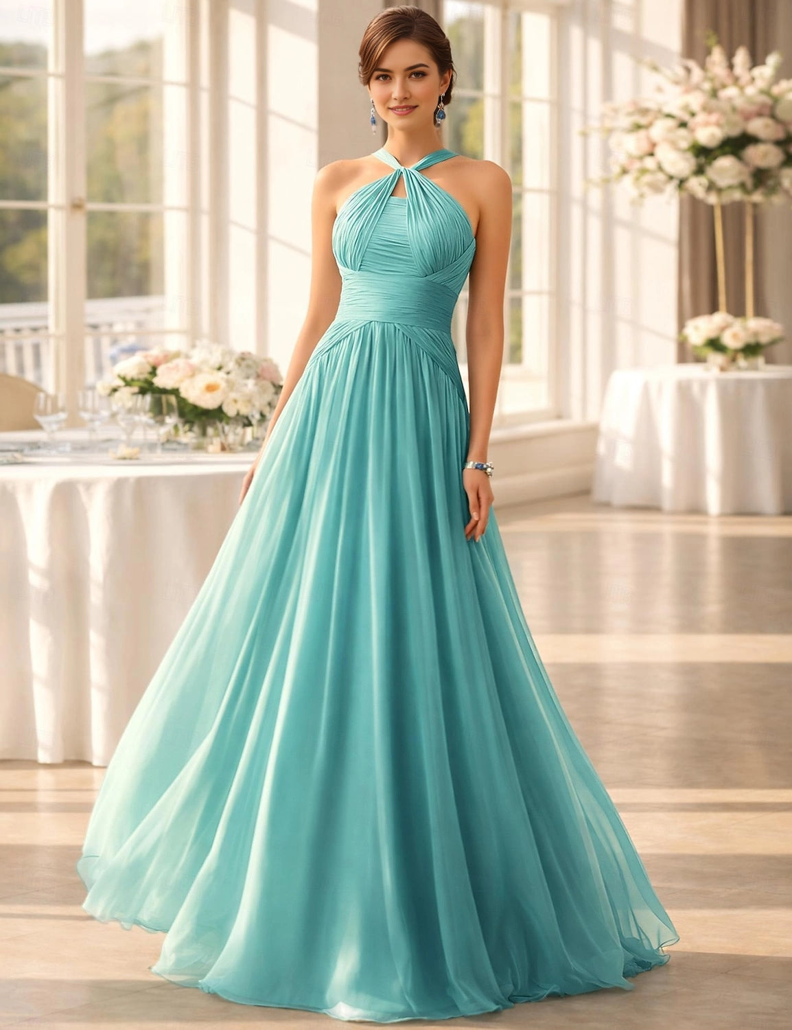 Chiffon Aline Halter Sleeveless Zip Back Floor Length Prom Dress