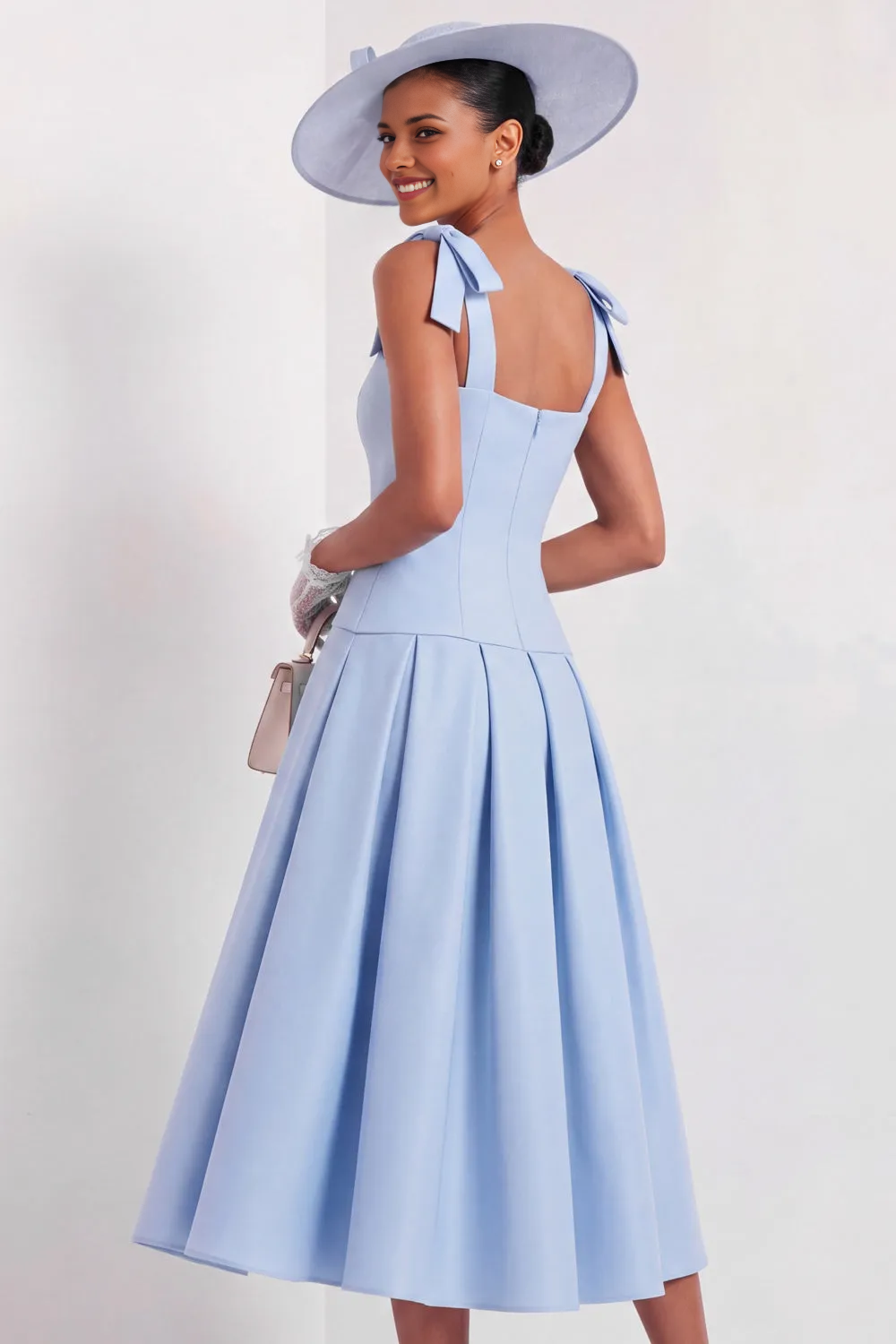 Bow Strap Square Neck Pleated Midi A-Line Formal Tea Length Race Day Dress