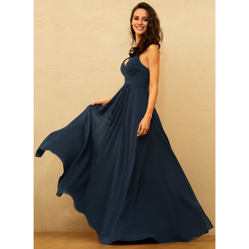 Spaghetti Strap V-Neck Chiffon Bridesmaid Dress - A-Line Floor-Length Formal Gown for Wedding Guest