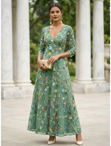 V-Neck 3/4 Sleeve Floral Embroidered Tulle Ankle-Length Mother of the Bride Evening Dress