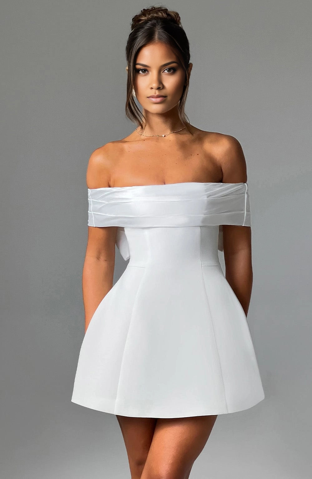 Elegant A-Line Off Shoulder Short Sleeve Big Bow Back Mini Homecoming Dress