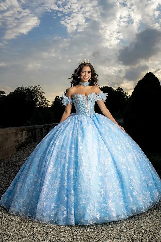 Lace Ball Gown Sweetheart Off Shoulder Flower Corset Back Train Quinceañera Dress