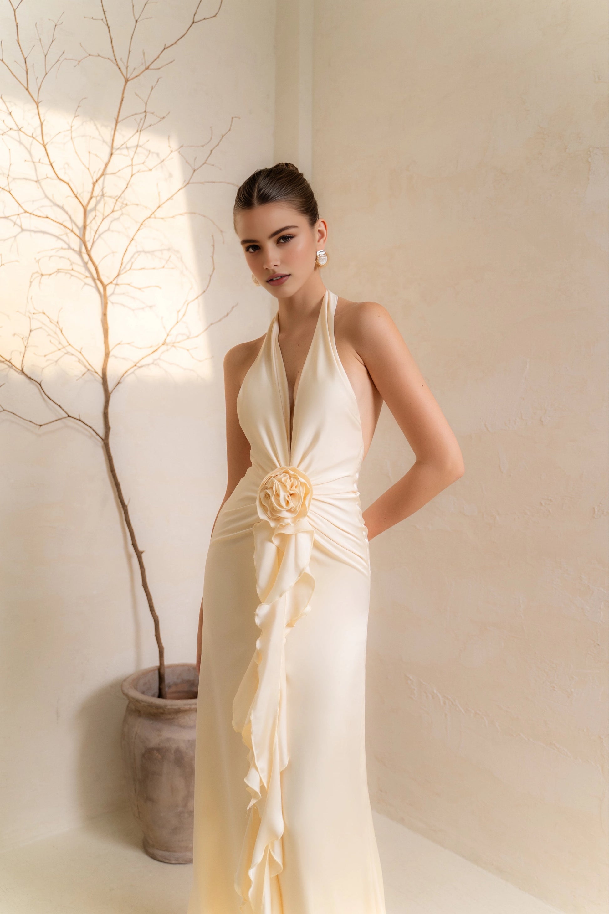 Vedress cream satin halter formal dress minimalist open‑back design rear‑view