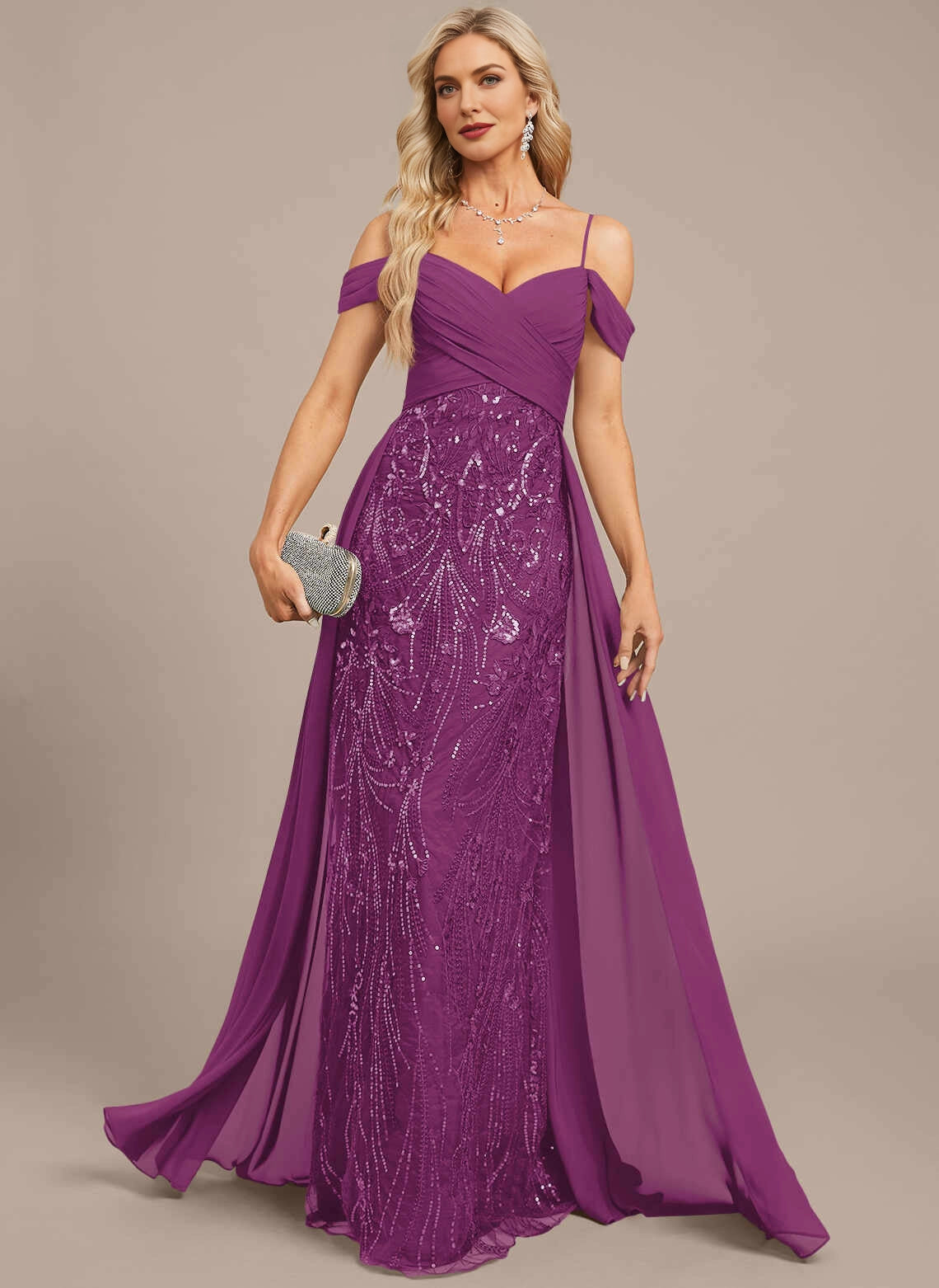 Glam Mermaid Off‑The‑Shoulder Lace Back Long Mother Of The Bride Dress