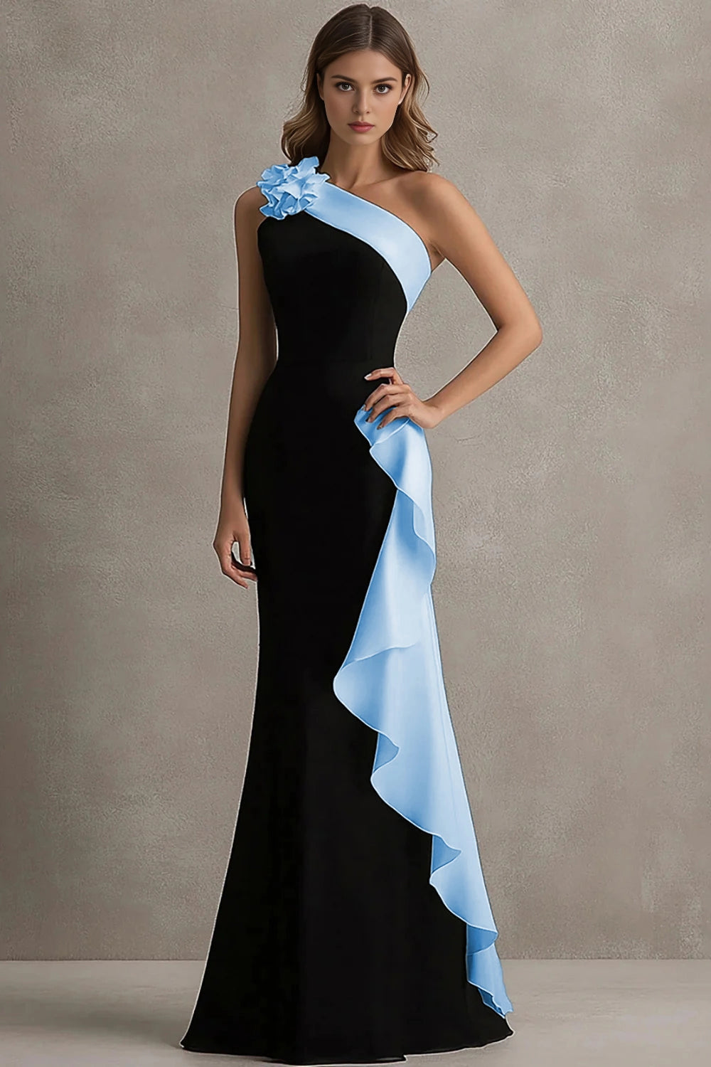 Black White Mermaid One Shoulder Closed Back Long Prom Dress