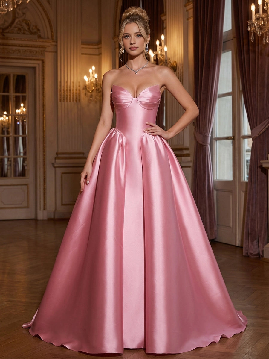 Elegant A Line Sweetheart Strapless Zipper Back Sweep Train Satin Prom Dress
