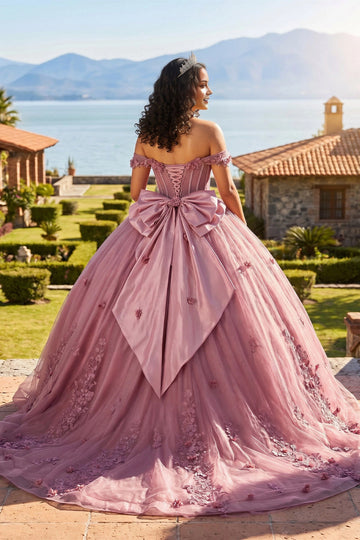 Vedress dusty rose quinceañera dress lace-up corset back with oversized satin bow and 3D flowers back view