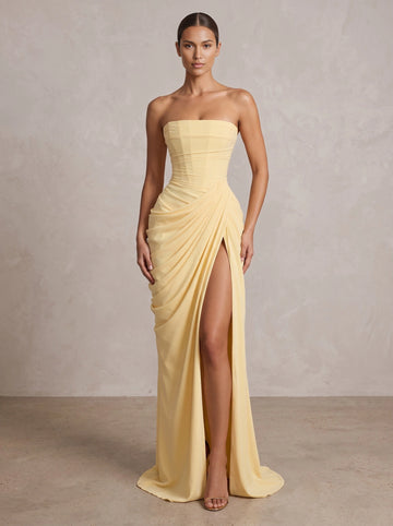 Chic Mermaid Straight‑Tube Strapless Corset‑Back Draped‑Ruffle Floor‑Length Prom Dress