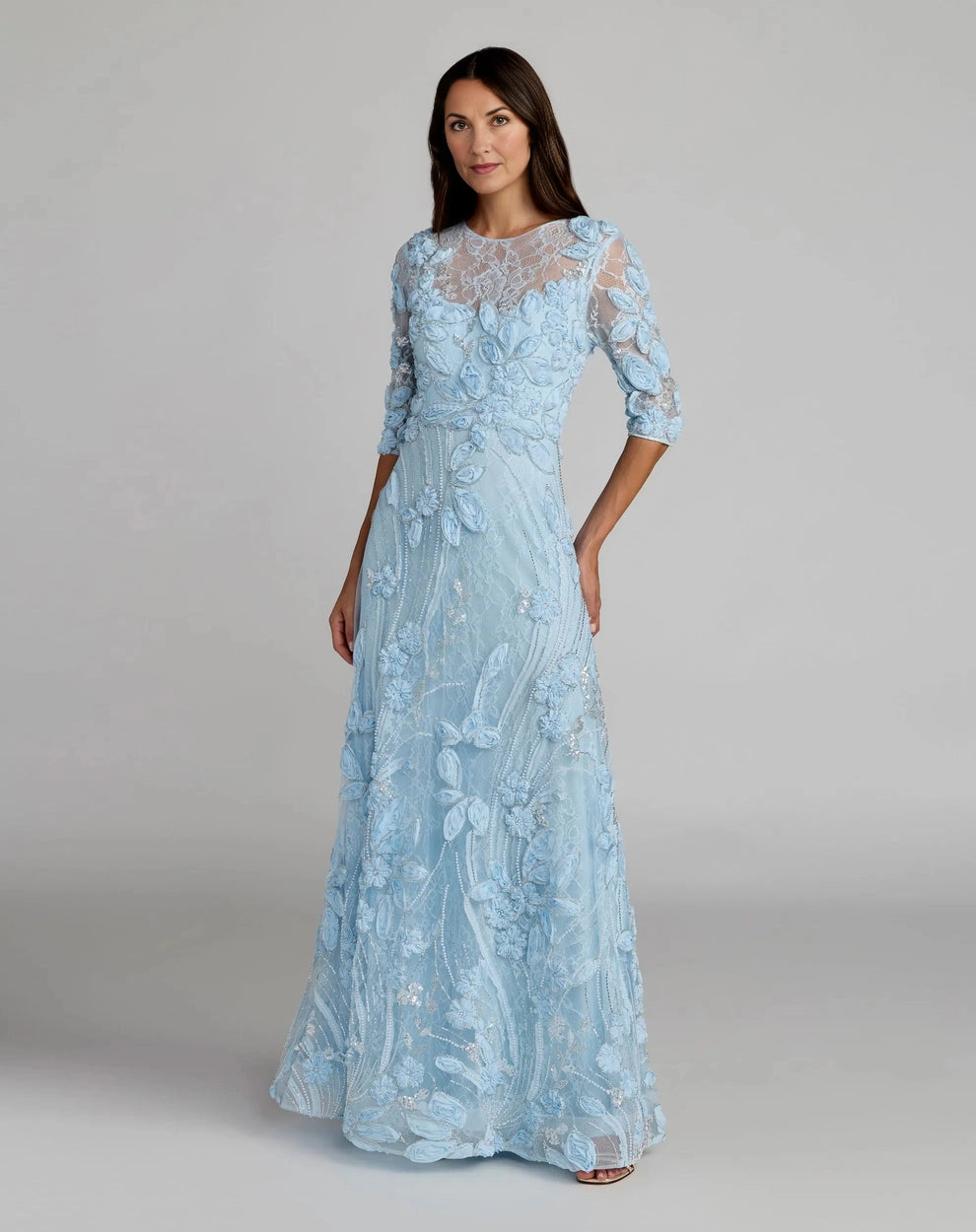 Light Blue Sheath Round Neck 3/4 Sleeve Lace‑Up Back Long Mother Of The Bride Dress