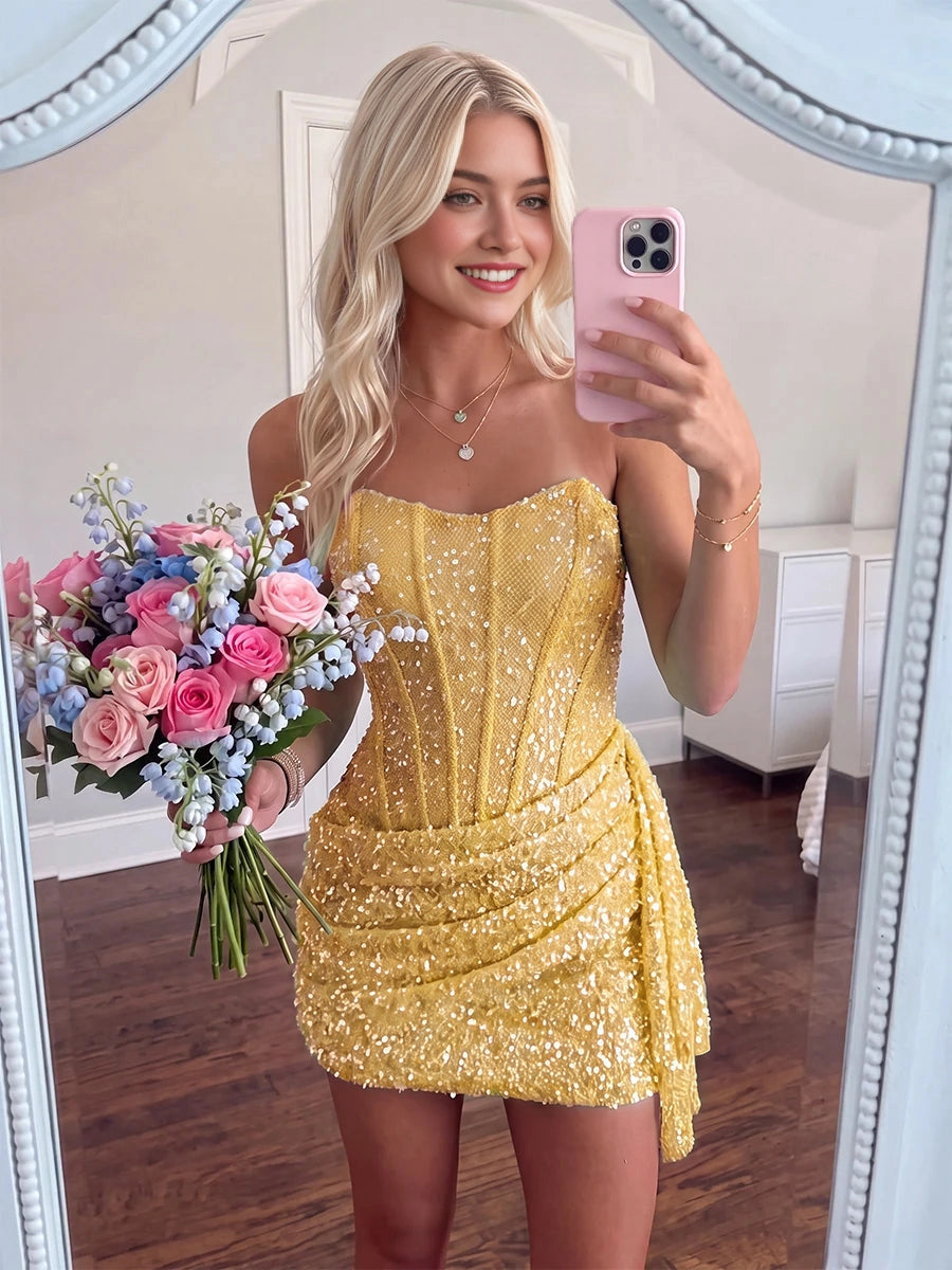 Sparkling Sequin Sheath Sweetheart Strapless Sleeveless Zip‑Back Mini Homecoming Dress