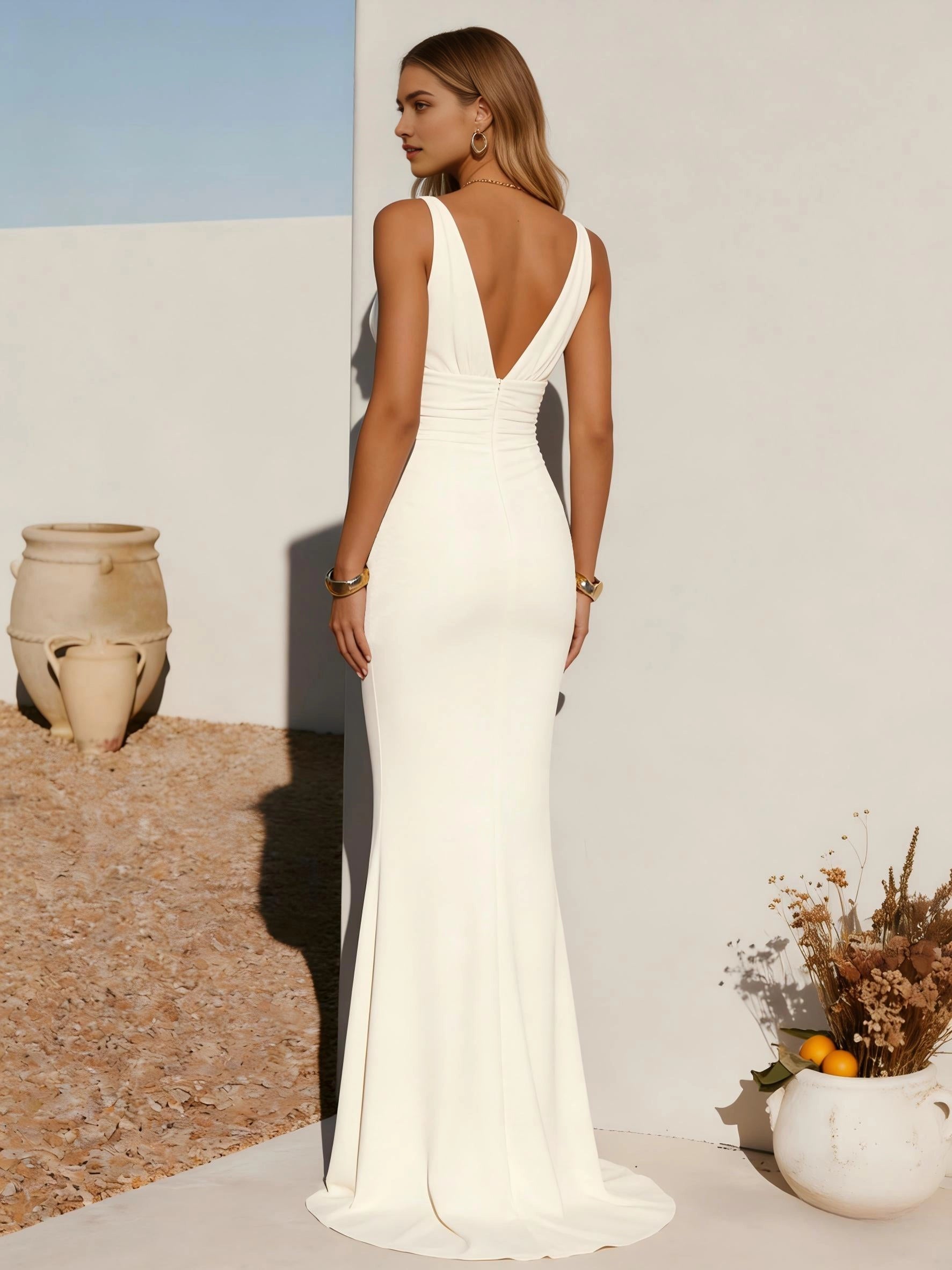 Vedress ivory sleeveless deep v‑neck ruched waist v‑back mermaid long bridesmaid gown
