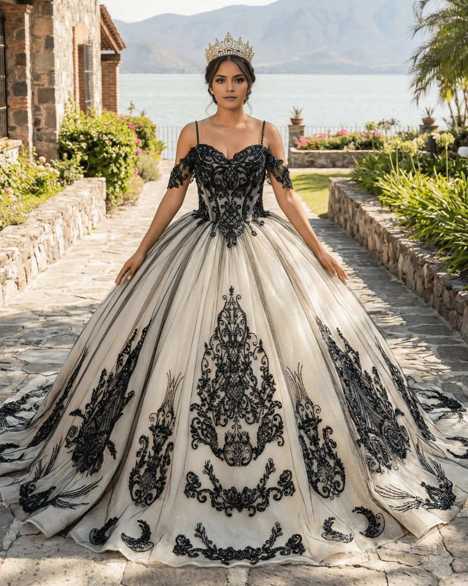 Ballgown Sweetheart Off Shoulder Lace Sleeve Lace-up Back Sweep Train