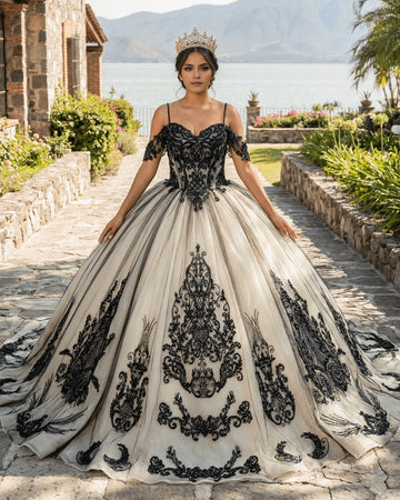 Ballgown Sweetheart Off Shoulder Lace Sleeve Lace-up Back Sweep Train