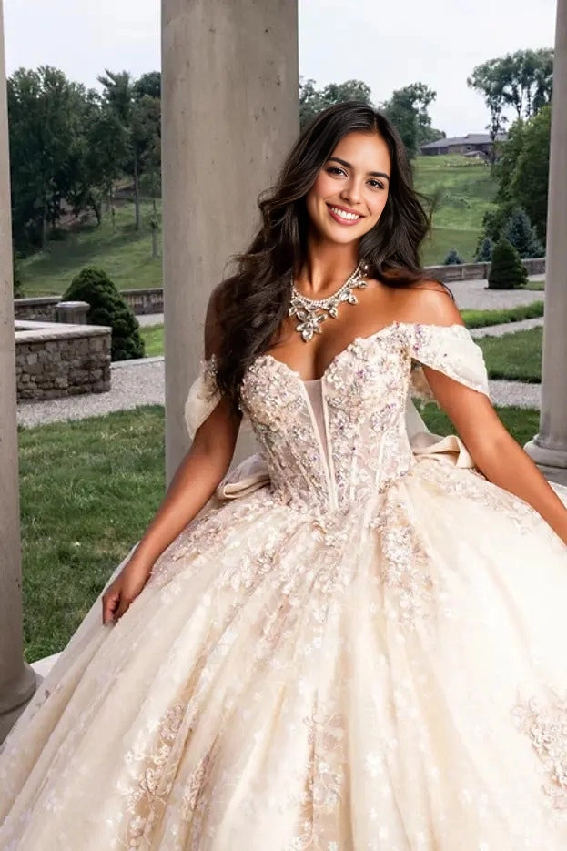 Floral Ball Gown Sweetheart Off Shoulder Corset Bow Train Quinceañera Dress