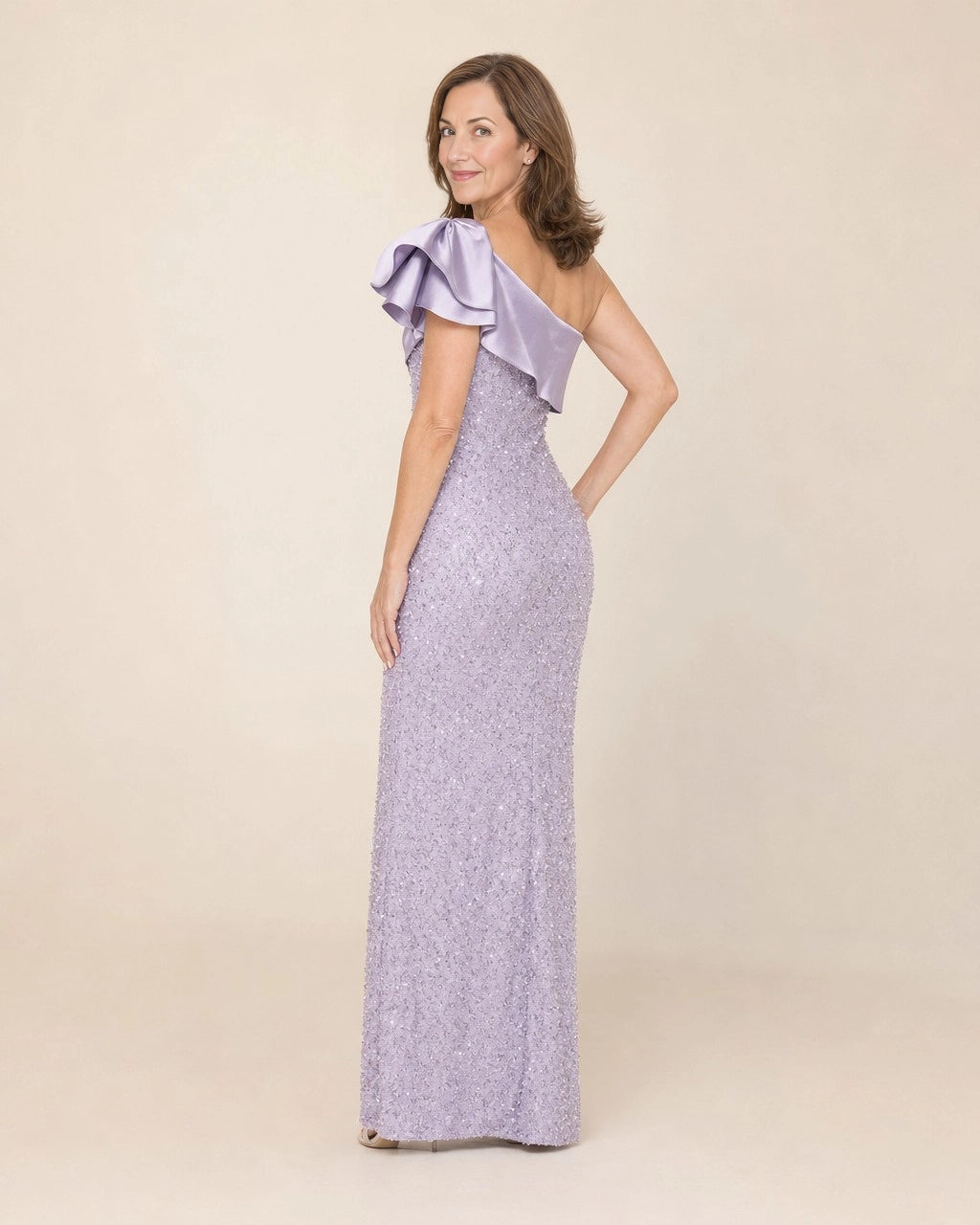 Vedress lavender one shoulder sequin formal dress back view,open one‑shoulder back,invisible zipper closure,fitted mermaid floor‑length silhouette,neutral backdrop