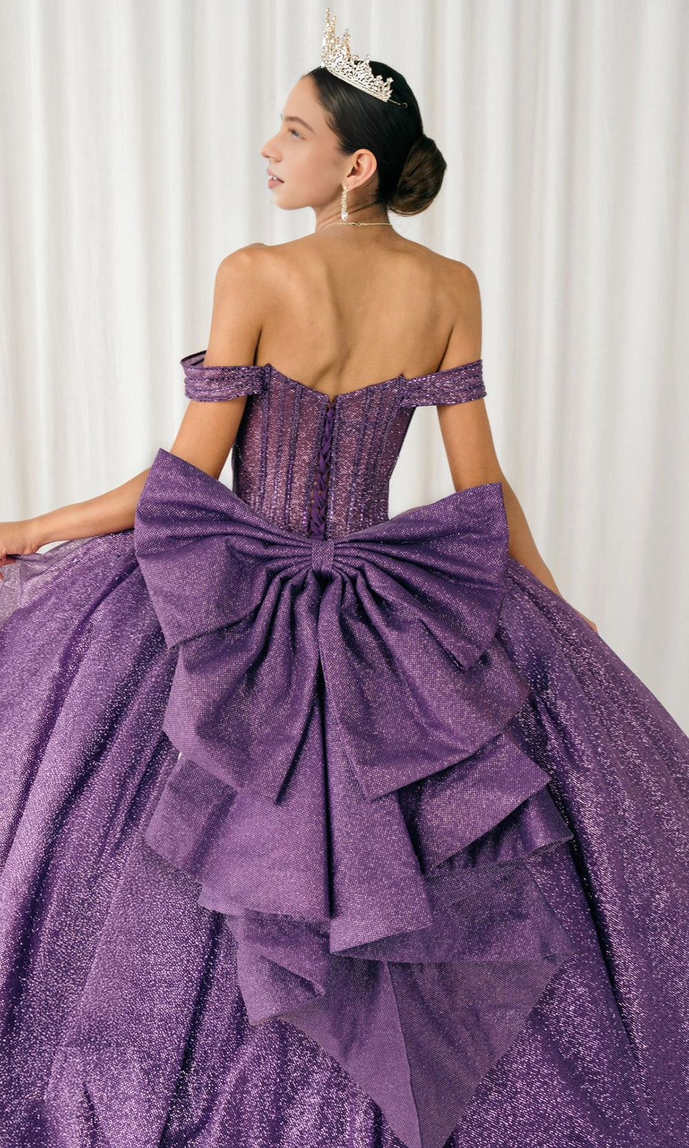 Luxurious Ball Gown Off‑Shoulder Short Sleeve Lace‑Up Back Cathedral Train Quinceanera Dress