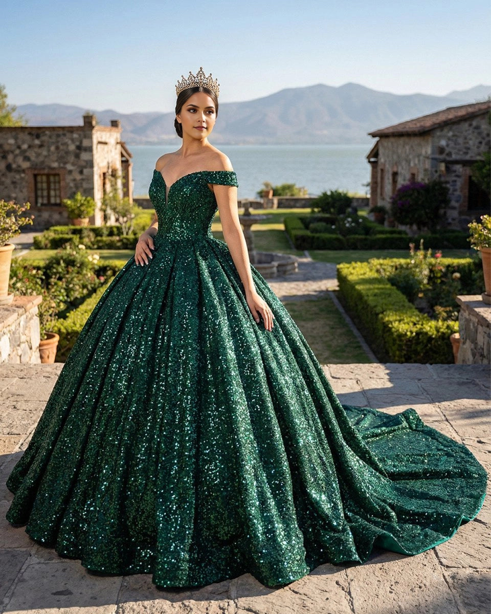 Ball Gown Off The Shoulder V Neck Lace Up Back Sequin Quinceañera Dress