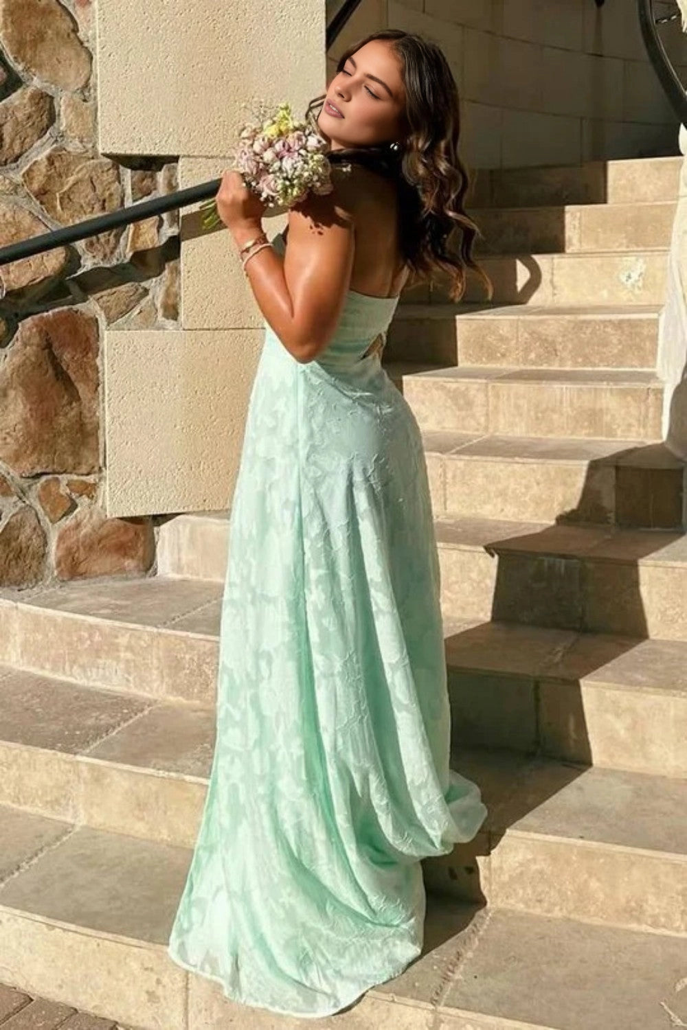 Vedress hollow cut‑out back mint‑green textured jacquard strapless formal maxi gown