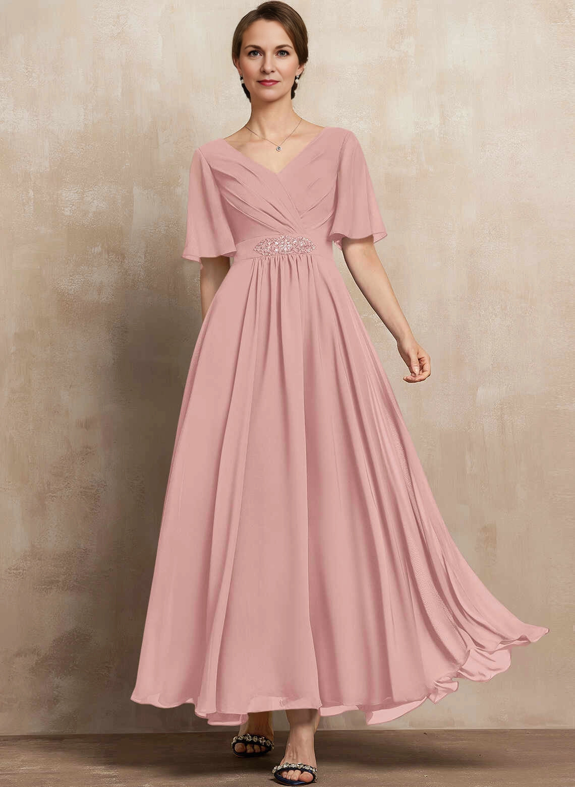 Classic A‑Line V‑Neck Flutter Sleeve Zipper Back Long Mother Of The Bride Dress