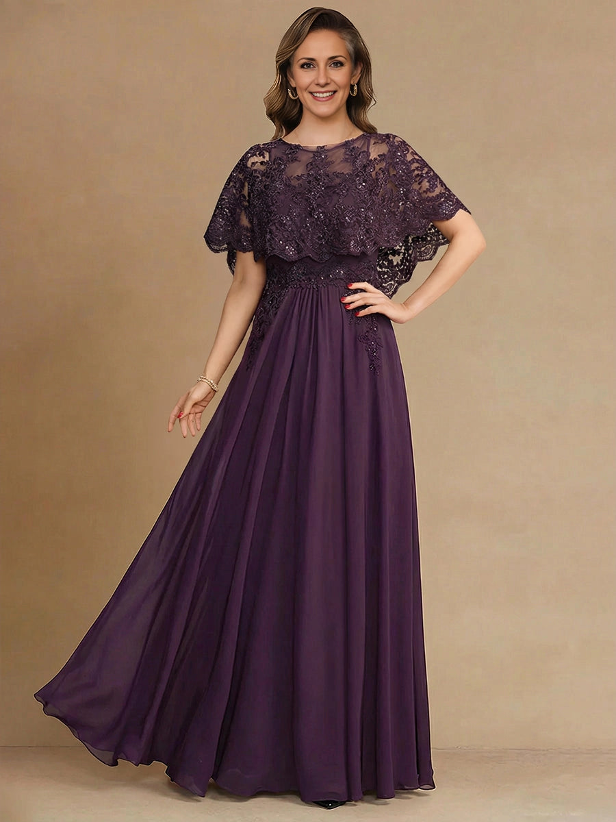 Plum A‑Line Round Neck Cape Sleeve Zipper Back Long Mother Of The Bride Dress