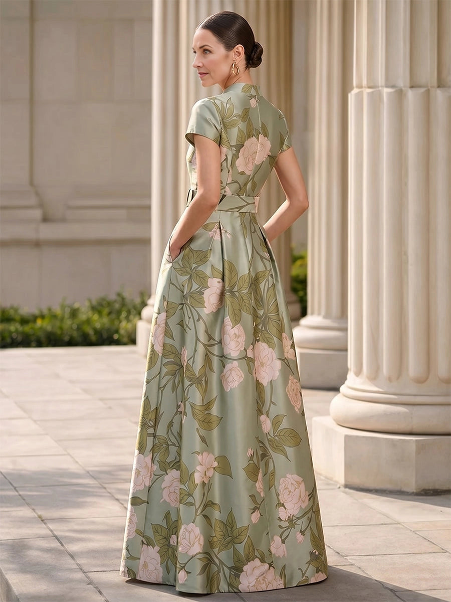 Zip‑back sage floral print satin long formal mother of bride gown with cap sleeves