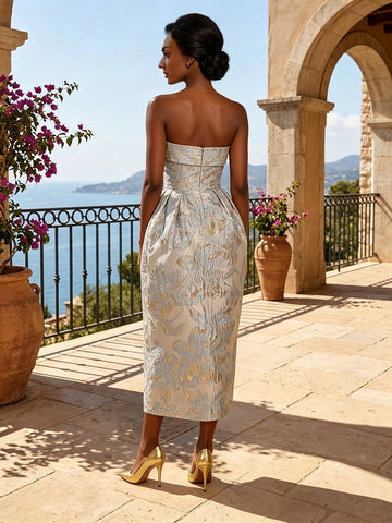 Vedress blue gold jacquard wedding guest strapless dress back view with zipper