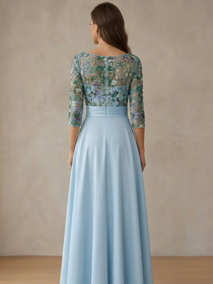 Elegant Floral Lace Cowl Neck 3/4 Sleeve Open Back Midi Formal Dress Satin Mother of the Bride Dresses