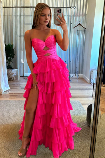 Vedress hot pink strapless cutout tiered ruffle lace‑up back high slit a‑line long prom dress
