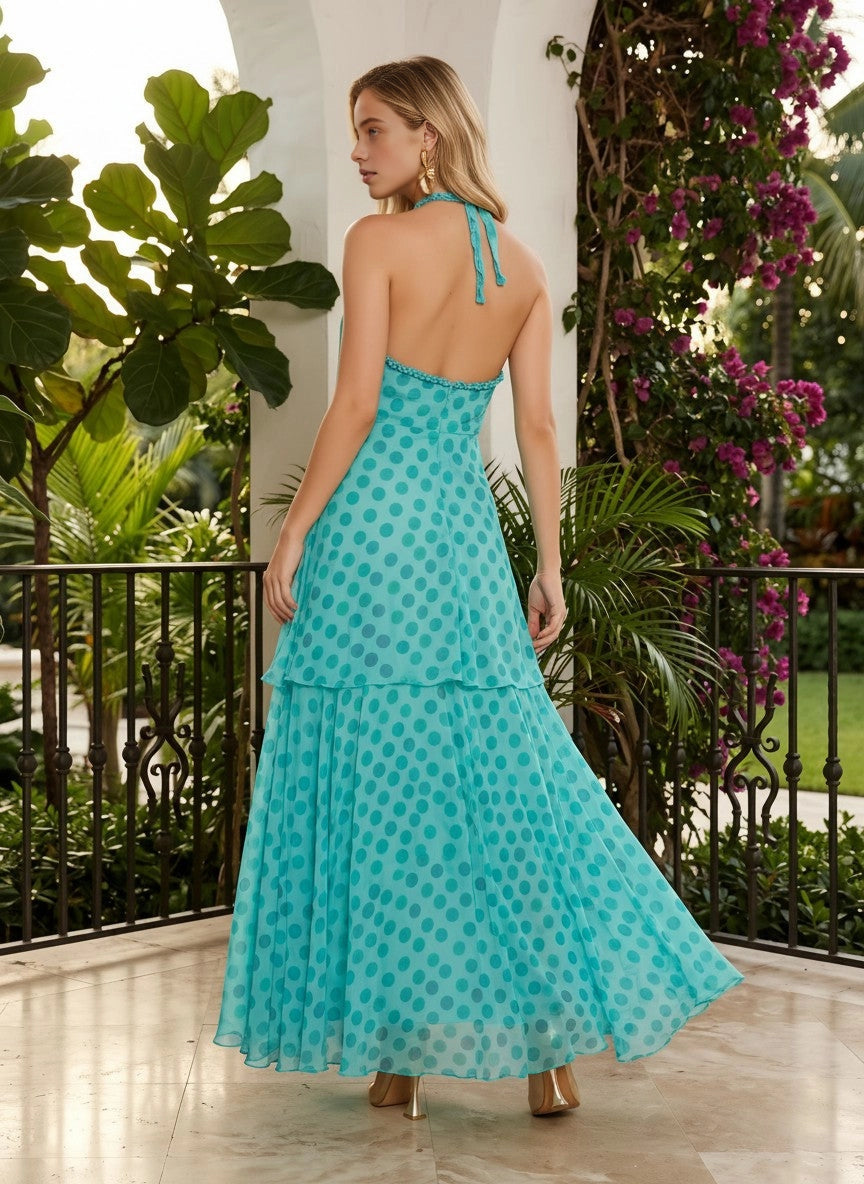 Back‑view Vedress open tie‑back layered chiffon polka dot bridesmaid long dress