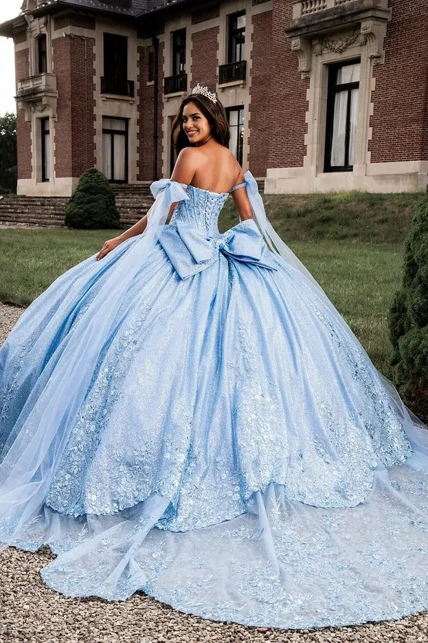Glitter Ball Gown Sweetheart Off Shoulder Bow Corset Train Quinceañera Dress
