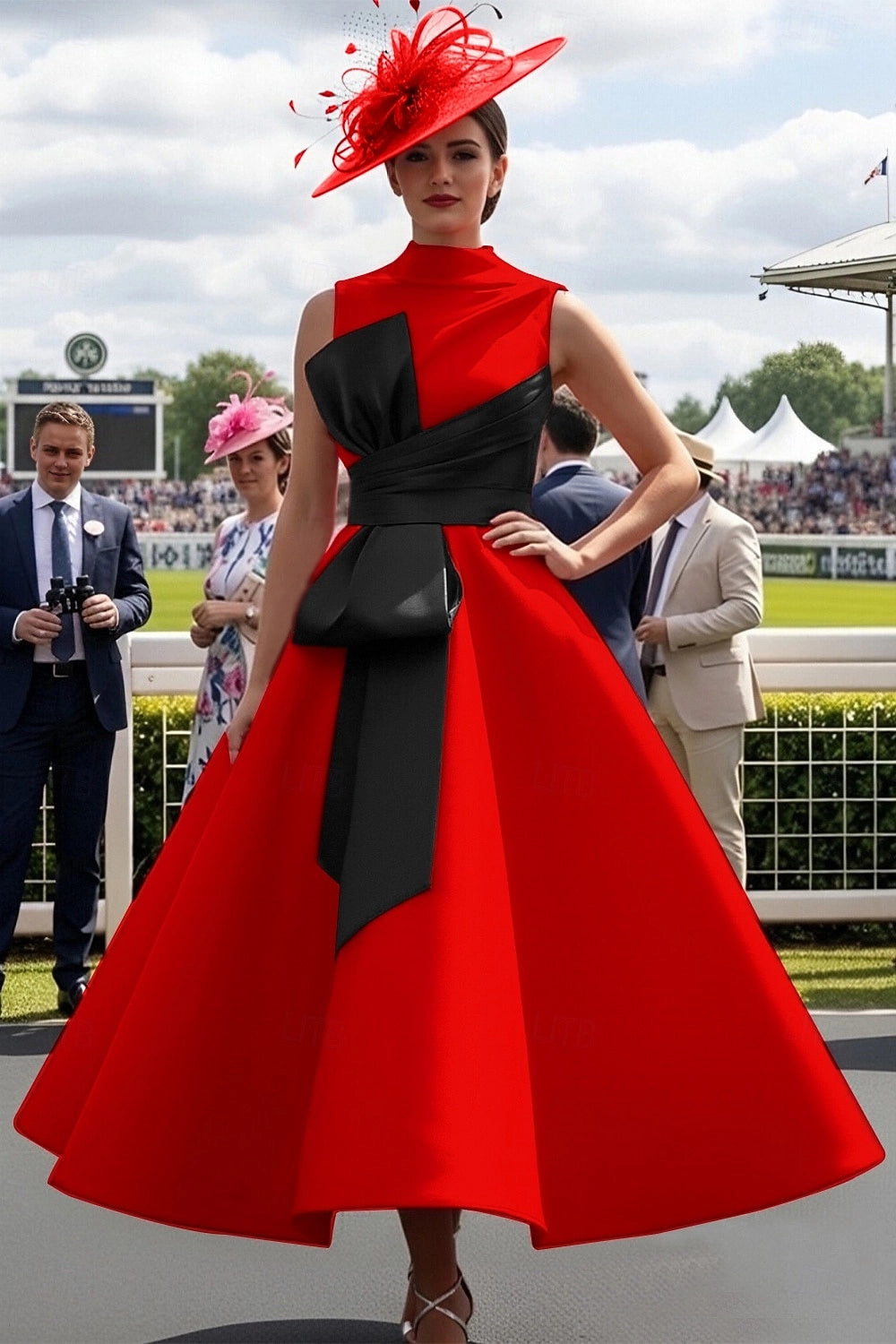 Vedress red black color block sleeveless high neck big bow A-line midi formal prom dress for race day