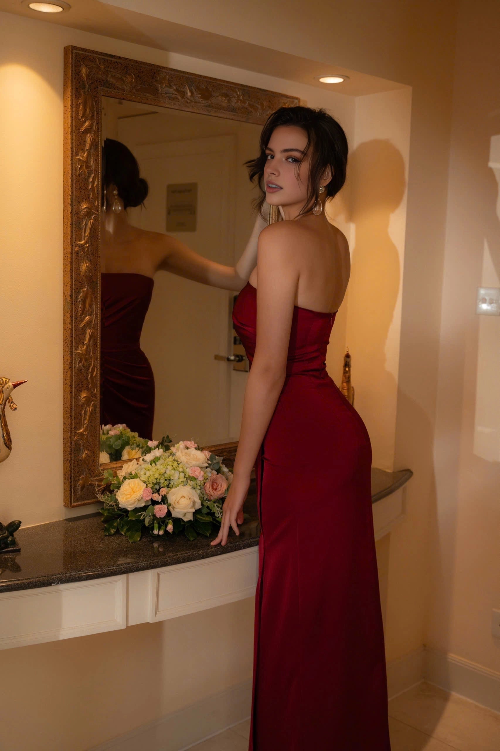 Sheath Satin Strapless Ruched Side‑Zip Floor‑Length Maxi Prom Dress