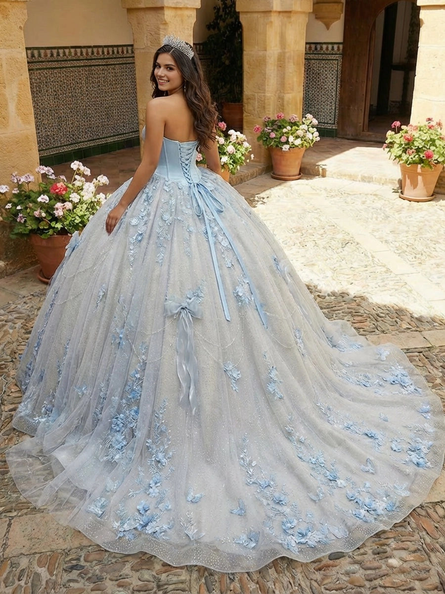 Vedress light blue glitter tulle quinceanera gown strapless lace-up corset back satin bow 3D flowers and butterflies full ball skirt with train back view