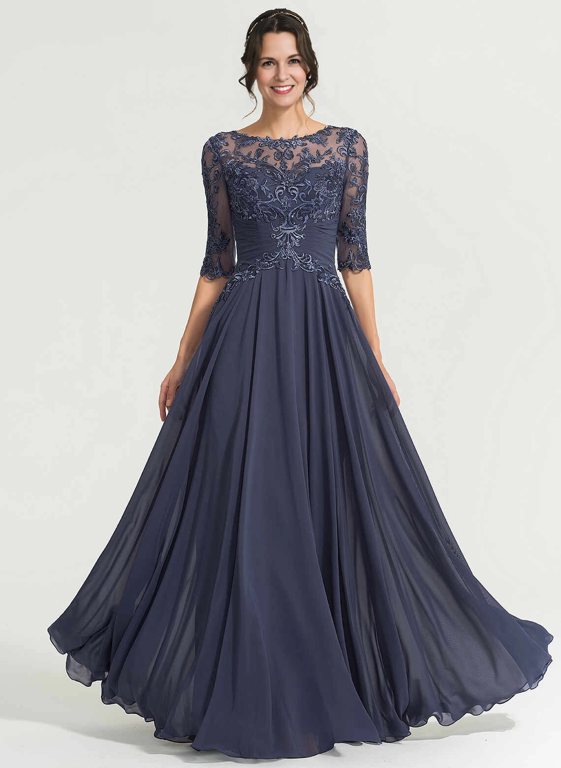 Modest A‑Line Illusion Neck Half Sleeve Zipper Back Long Mother Of The Bride Dress