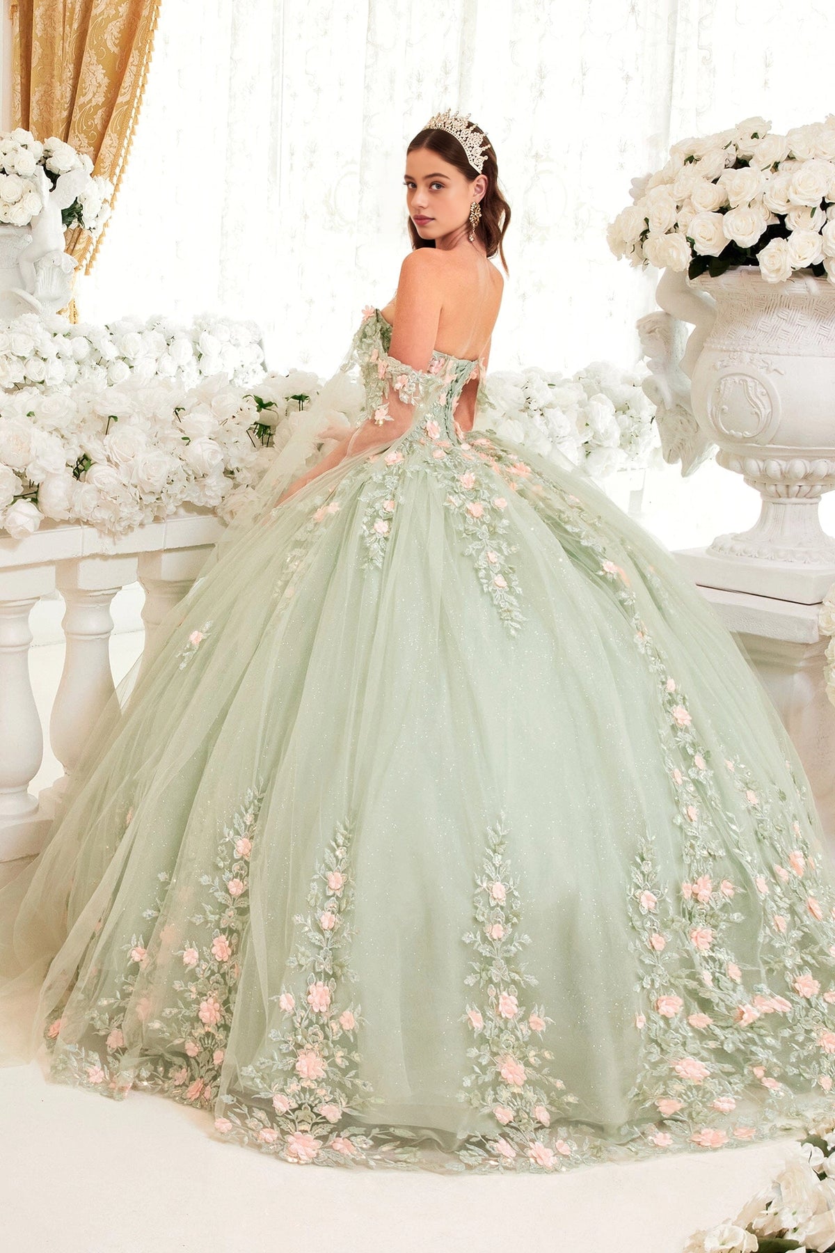 Vedress sage green quinceanera dress lace‑up corset back sheer float sleeves cathedral‑train floral ballgown back view