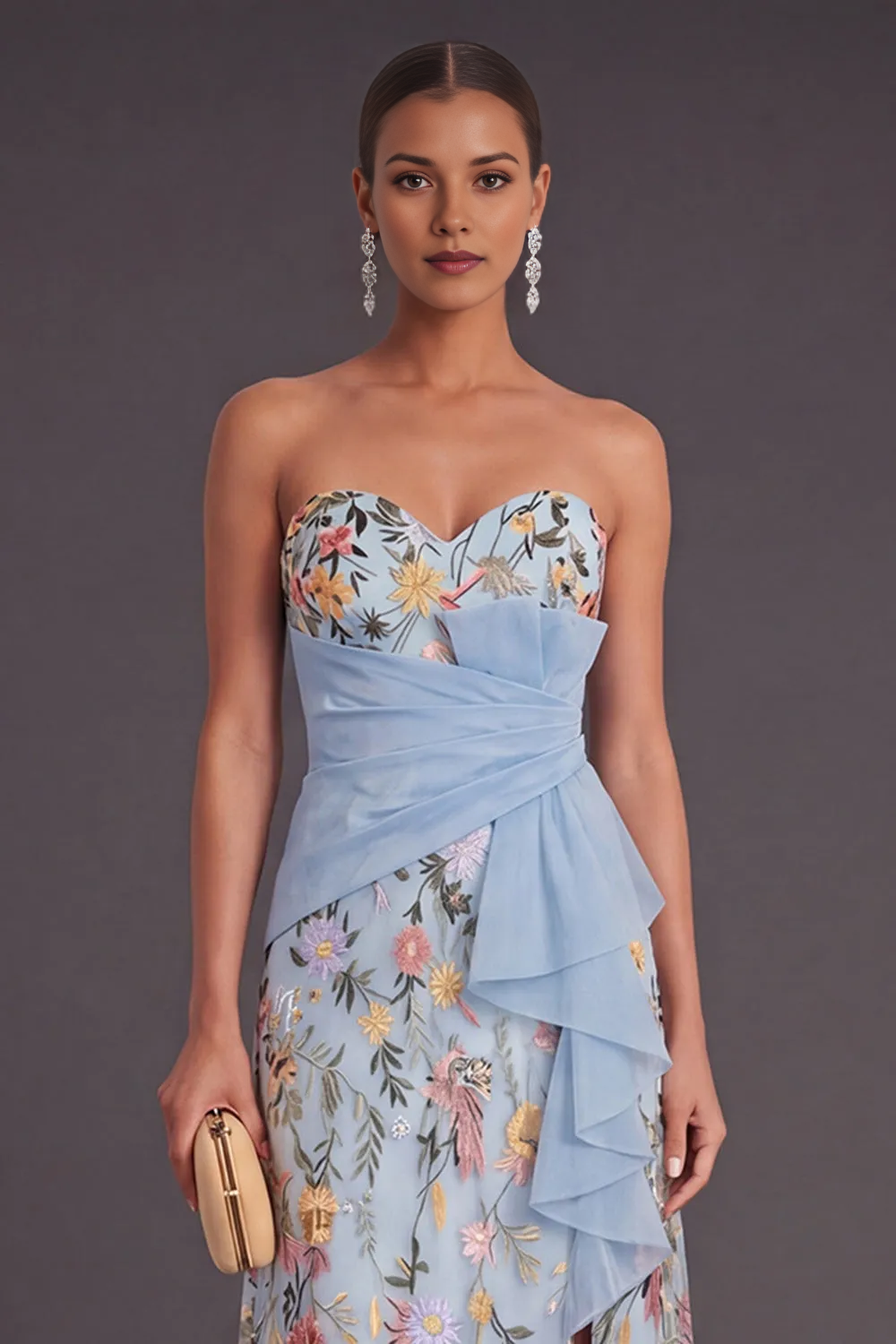 Strapless Sweetheart Floral Embroidery Tulle Gown with Asymmetrical Ruffle Wrap Waist & High Slit