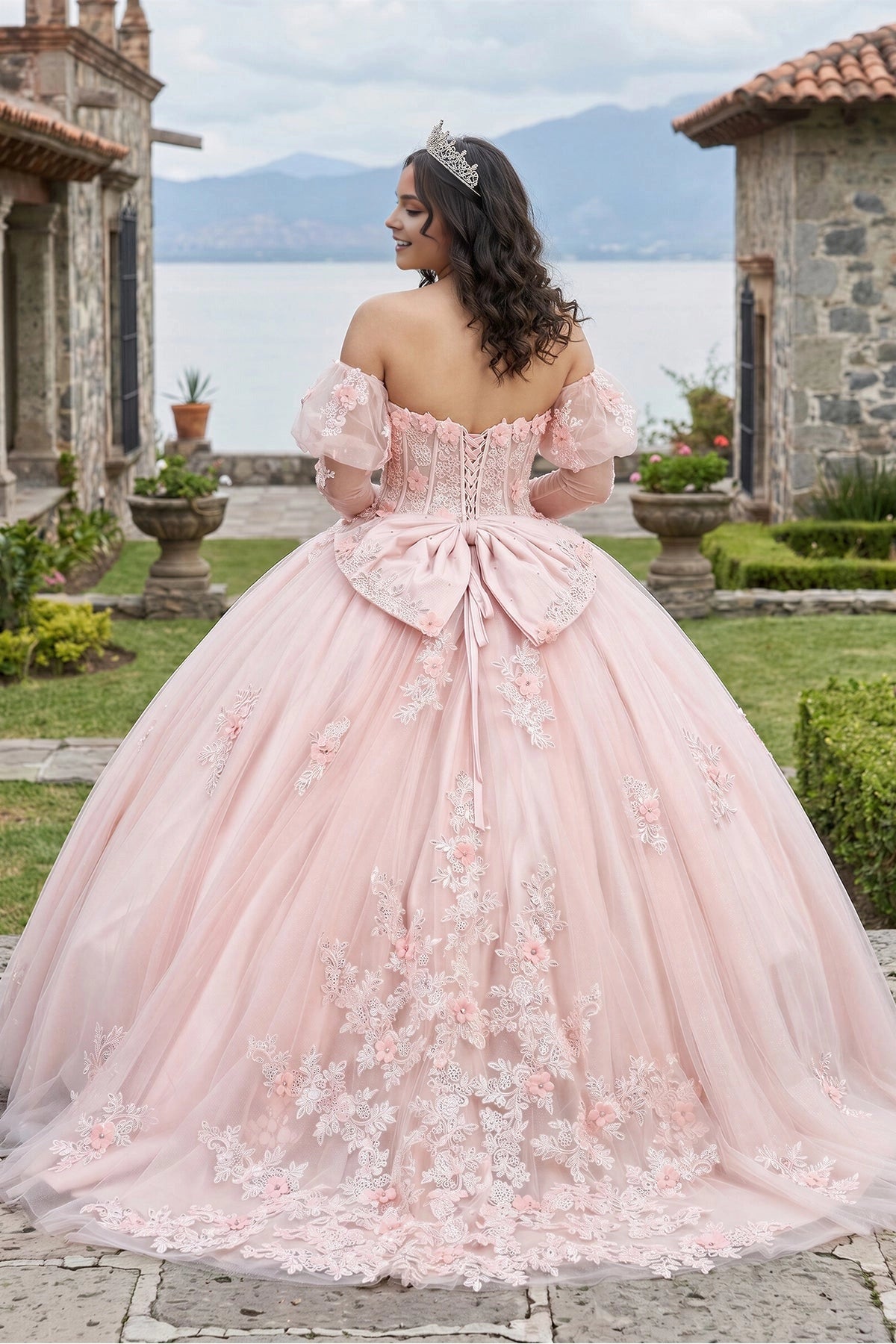 Vedress light pink quinceañera dress lace-up corset back with oversized satin bow and 3D floral appliqués back view