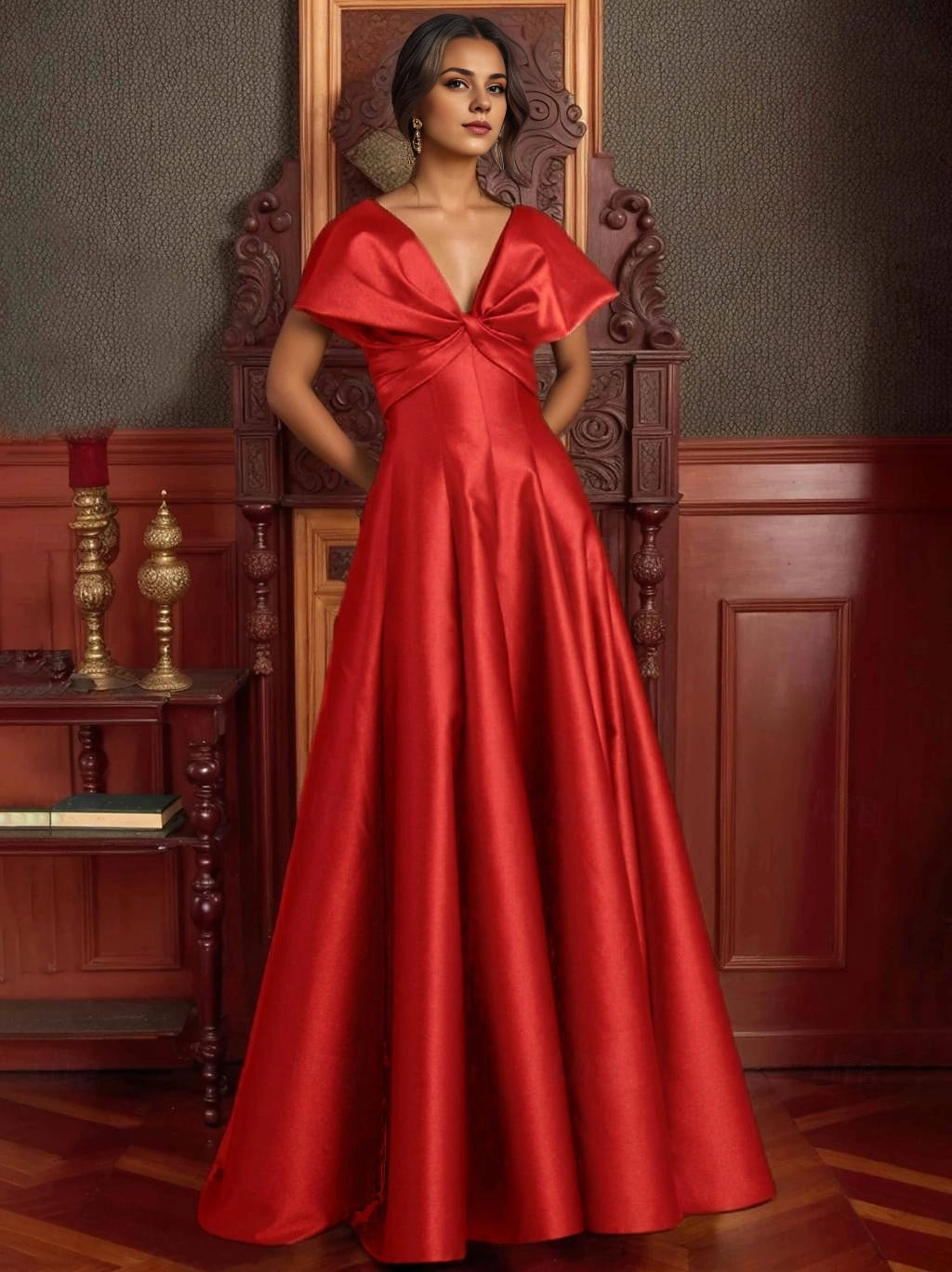 Luxurious A-Line Deep V Cap Sleeve Zip Back Long Prom Dress