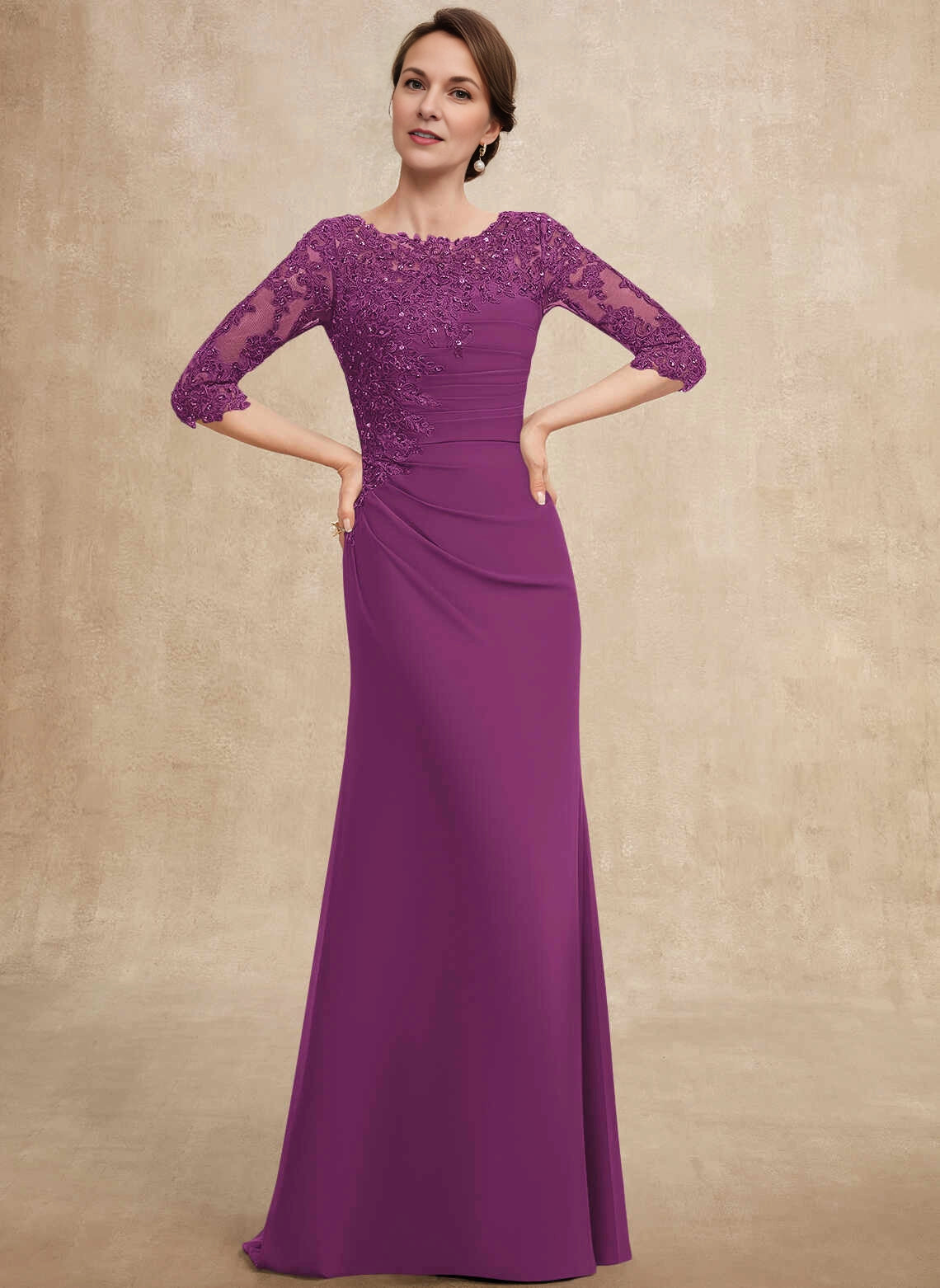 Elegant Sheath Boat Neck Lace Half Sleeve Zipper Back Long Mother Of The Bride Dress